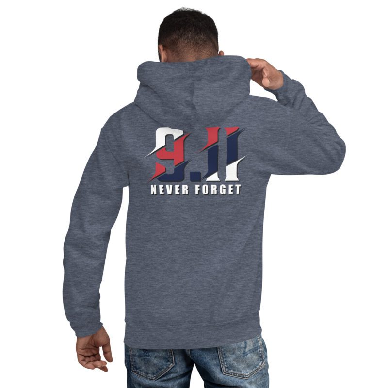 911 Never Forget with Always In Our Hearts on Left Sleeve - Unisex Hoodie - Image 37