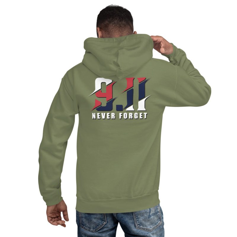 911 Never Forget with Always In Our Hearts on Left Sleeve - Unisex Hoodie - Image 45